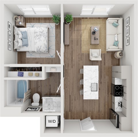 Floor plan for 1 bed, 1 bath, 590 sqft